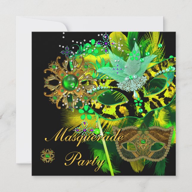 Invitación Máscaras negras verdes del Fiesta de la pelota de  (Anverso)