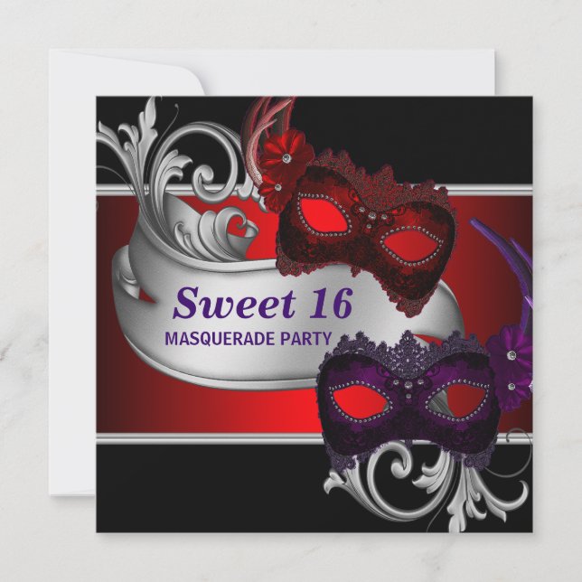 Invitación Máscaras Rojas Fiesta de Cumpleaños Disfrazada Swe (Anverso)