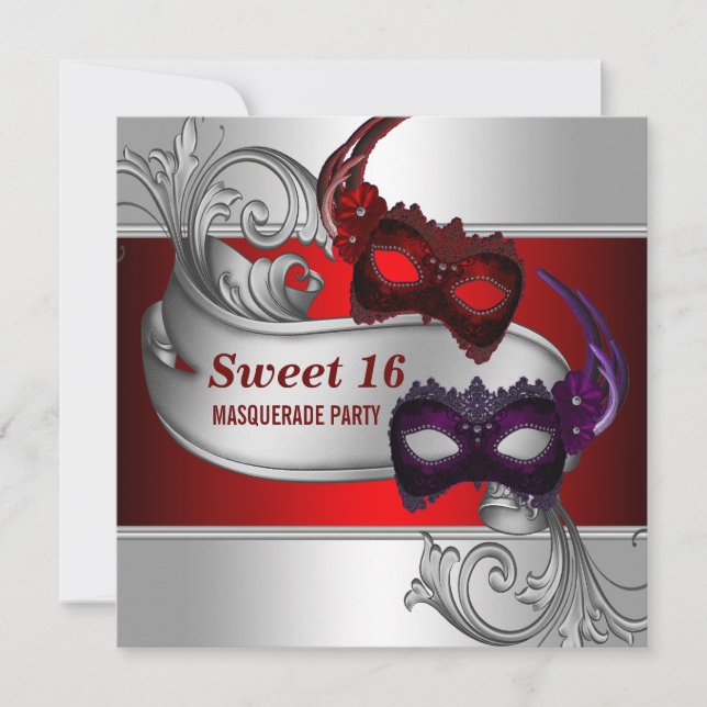 Invitación Máscaras Rojas Fiesta de Cumpleaños Disfrazada Swe (Anverso)
