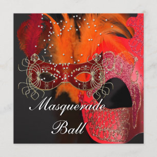Invitación Máscaras Rojas Naranjas Negras Baile de Máscaras F