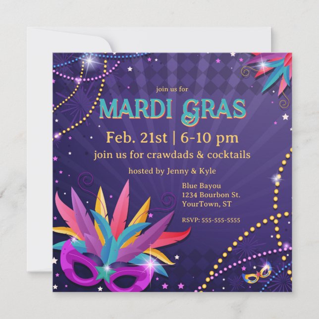 Invitación Máscaras y cuentas de Mardi Gras festivas (Anverso)