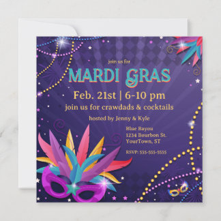 Invitación Máscaras y cuentas de Mardi Gras festivas
