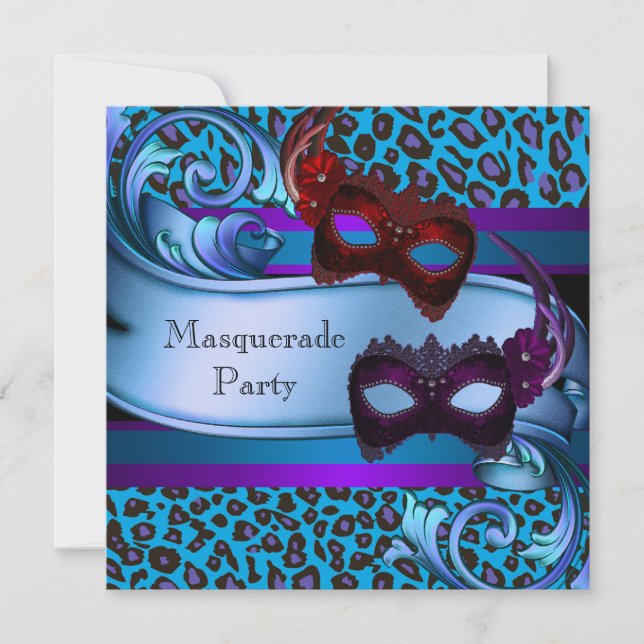 Invitación Mascarillas moradas de leopardo Verde azulado dulc (Anverso)