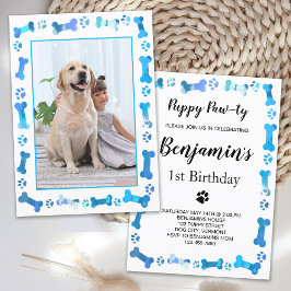 Invitación Mascota Foto Blue Paw Imprime cumpleaños de perro