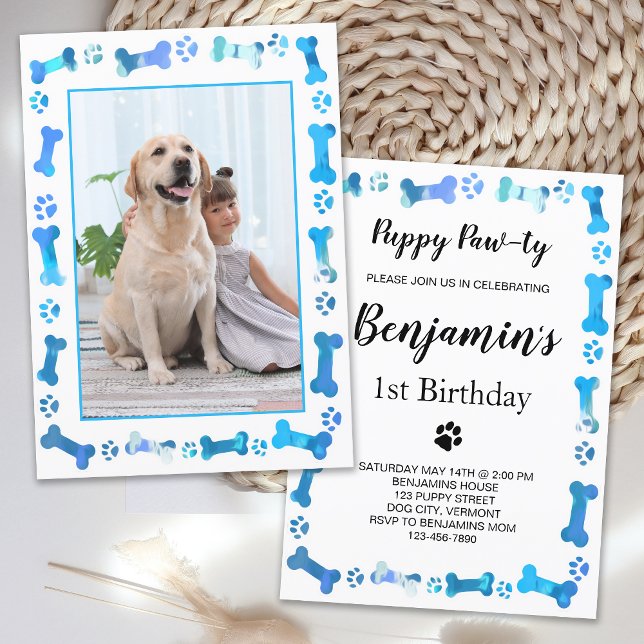 Invitación Mascota Foto Blue Paw Imprime cumpleaños de perro (Subido por el creador)