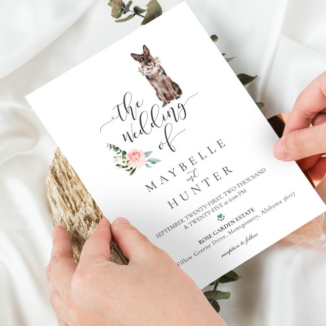 Invitación Mascota Pastor Alemán de Acuarela y Rosa Floral (Subido por el creador)