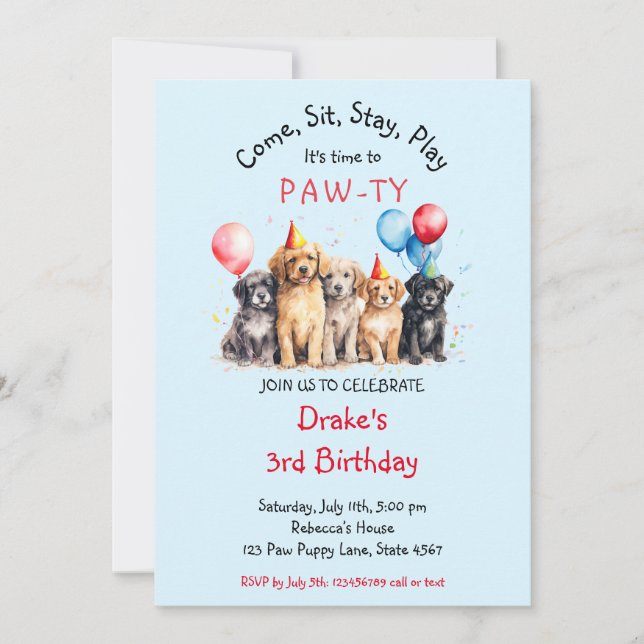 Invitación Mascota Puppy Dog Birthday Pawty (Anverso)