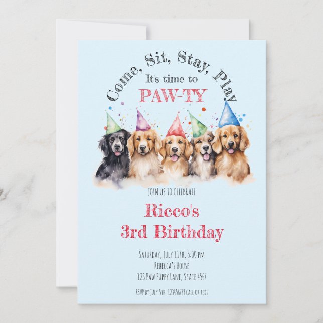 Invitación Mascota Puppy Dog Birthday Pawty (Anverso)