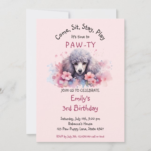 Invitación Mascota Puppy Poodle Dog Birthday Pawty (Anverso)