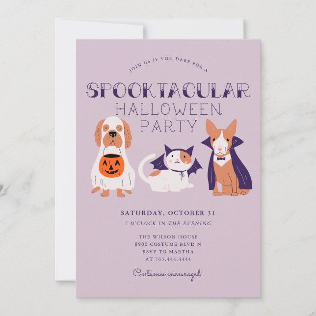 Invitación Mascotas de disfraces cutáneos en Halloween (Anverso)