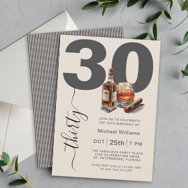 Invitación Masculina de Whiskey y Cigars 30° Fiesta de cumple (Available in both printed and instant download digital formats.)