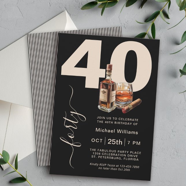 Invitación Masculina de Whiskey y Cigars 40. Fiesta de cumple (Available in both printed and instant download digital formats.)