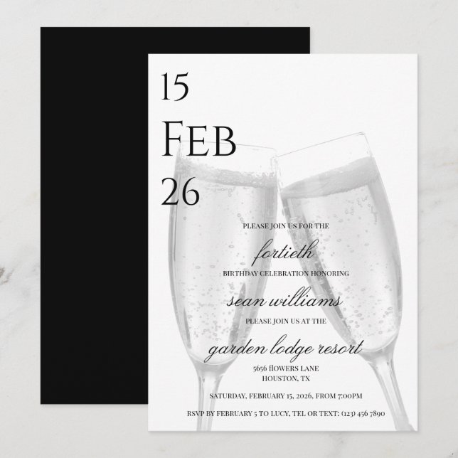 Invitación Masculine Champagne 40.ª Fiesta de cumpleaños (Anverso / Reverso)