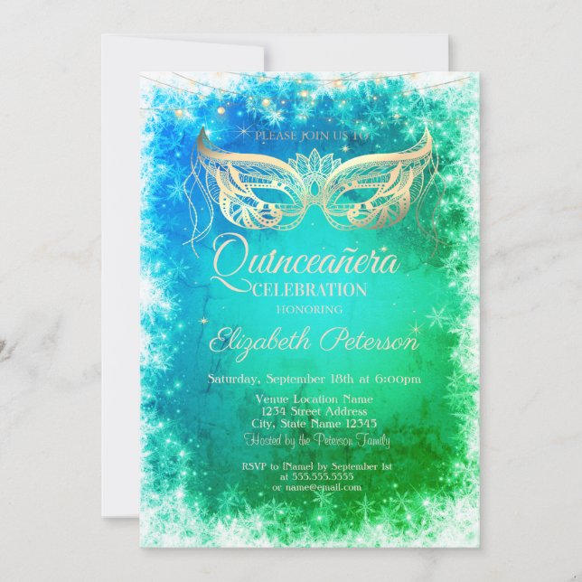 Invitación Masía de oro Snowflakes Quinceanera verde (Anverso)