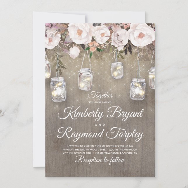 Invitación Mason Jar alude a Boda de floral y ruidoso (Anverso)