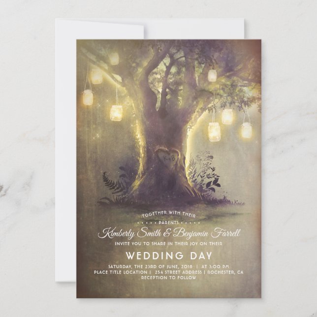 Invitación Mason Jar, árbol del corazón, ilumina una boda rús (Anverso)