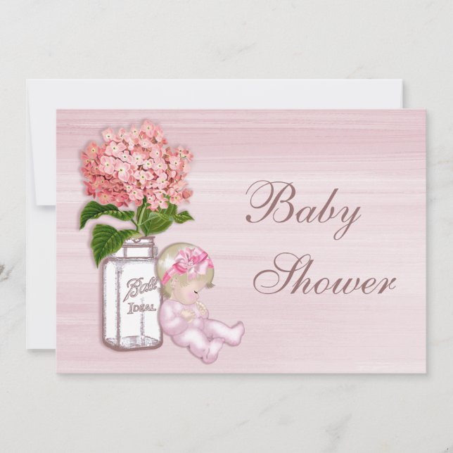 Invitación Mason Jar, Baby Girl, Pink Hydrangea Baby Shower (Anverso)