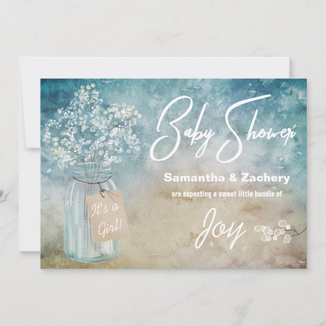 Invitación ** Mason Jar Baby's Breath Baby Shower Rustic (Anverso)