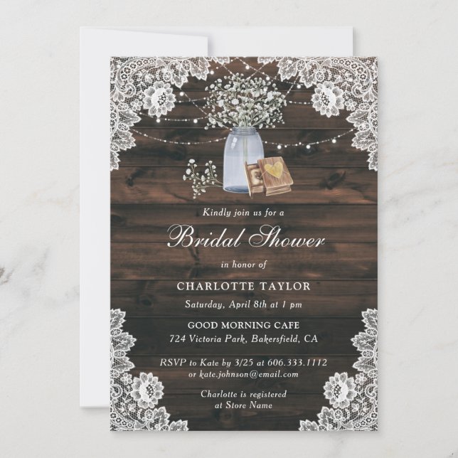 Invitación Mason Jar Baby's Breath Floral Lace Bridal Shower (Anverso)