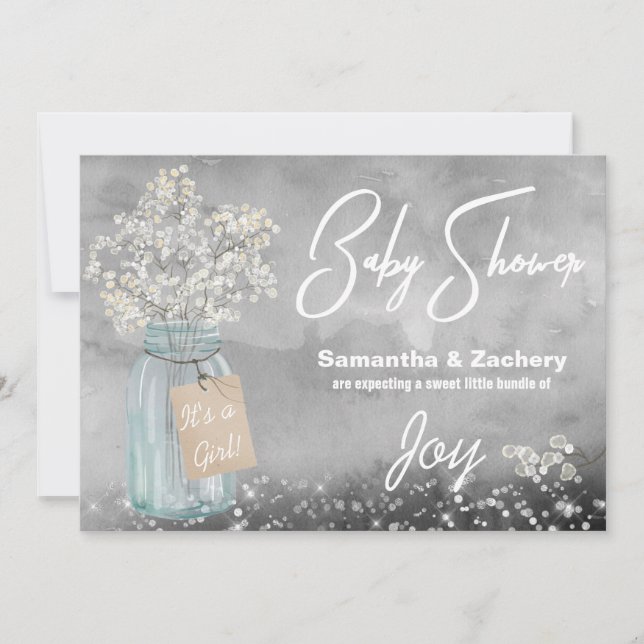 Invitación *~* Mason Jar Baby's Breath Rustic Baby Shower (Anverso)