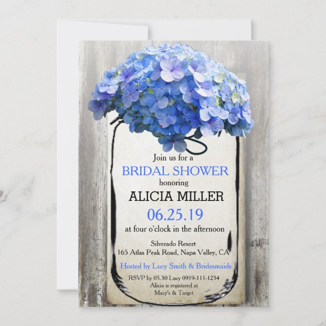 Invitación Mason Jar Barn Wood Blue Hydrangeas Británica Duch (Anverso)