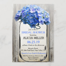 Invitación Mason Jar Barn Wood Blue Hydrangeas Británica Duch
