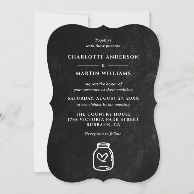 Invitación Mason Jar Black Chalkboard Rustic Country Wedding (Anverso)