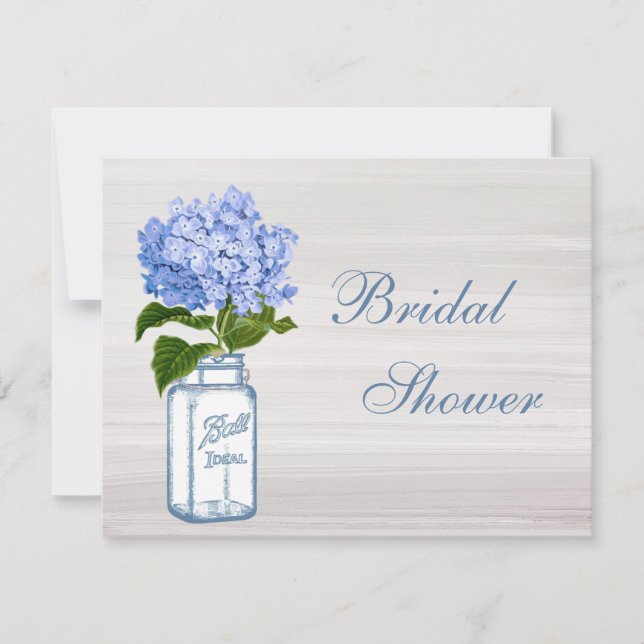 Invitación Mason Jar & Blue Hydrangea Ducha gris de novia (Anverso)