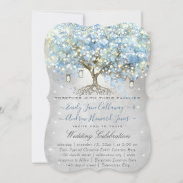 Invitación Mason Jar Blue Silver Leaf Tree Fairy Lights
