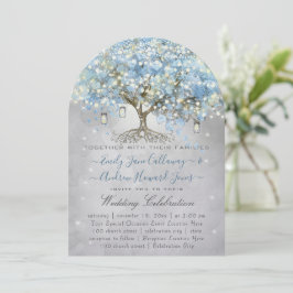 Invitación Mason Jar Blue Silver Leaf Tree Fairy Lights