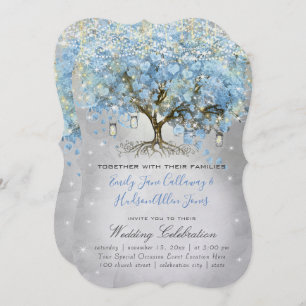 Invitación Mason Jar Blue Silver Leaf Tree Fairy Lights