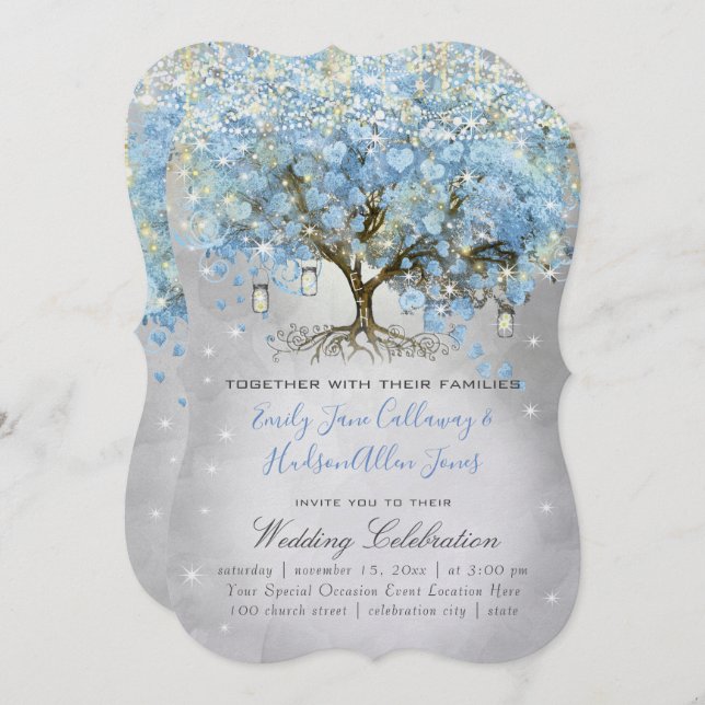 Invitación Mason Jar Blue Silver Leaf Tree Fairy Lights (Anverso / Reverso)