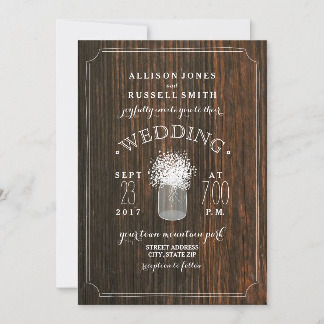Invitación Mason Jar Boda de Barn Wood & Baby's Breath (Anverso)