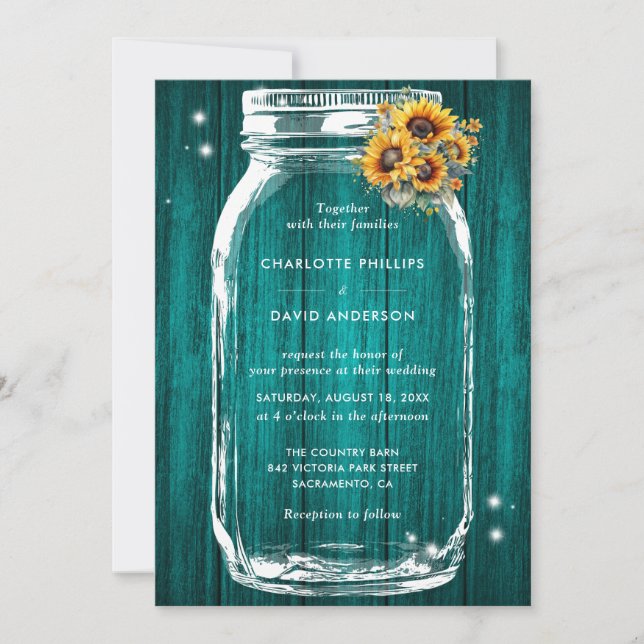 Invitación Mason Jar Boda de girasol Verde azulado ruso (Anverso)