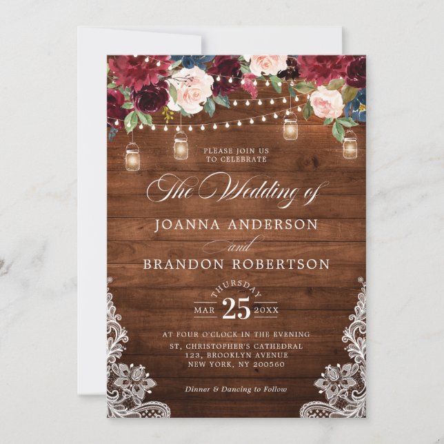 Invitación Mason Jar Boda Invi, floral de borgoña de madera r (Anverso)