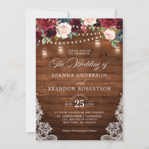 Invitación Mason Jar Boda Invi, floral de borgoña de madera r