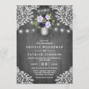 Invitación Mason Jar Boda Rústico de Flor Gris Morado Plata