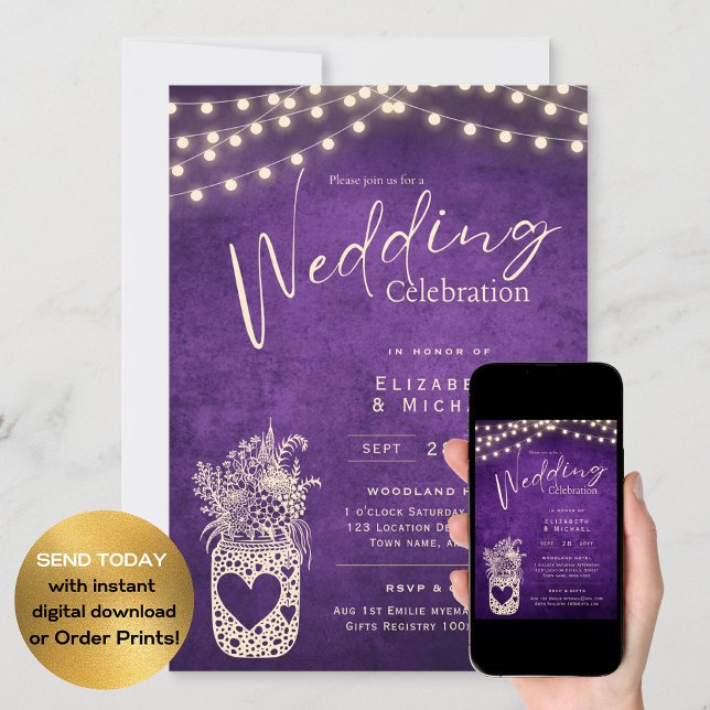Invitación Mason Jar Boda Rústico Púrpura DIGITAL e Impresión (Subido por el creador)
