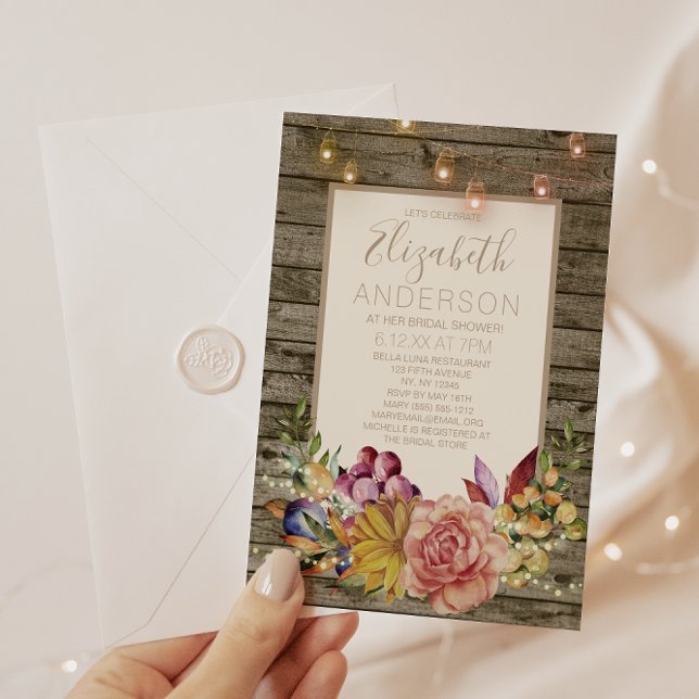 Invitación Mason Jar BRIDAL SHOWER, floral de madera rústica (Subido por el creador)