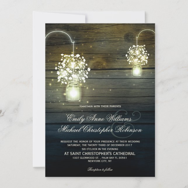 Invitación Mason Jar brillando Luces florido boda rústico (Anverso)