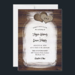 Invitación Mason Jar Burlap Hearts Rustic Wood Wedding<br><div class="desc">Rustic mason jar wedding invitation featuring a mason jar and two burlap hearts with initials against a barn wood background. Perfect card design for inviting your guests to your rustic country,  or barn wedding party inspired by mason jar. Matching items available.</div>