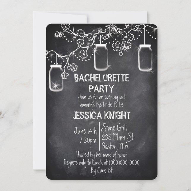 Invitación Mason Jar Chalkboard Rustic Bachelorette Party Inv (Anverso)