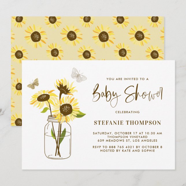Invitación Mason Jar con Baby Shower de girasoles amarillos (Anverso / Reverso)