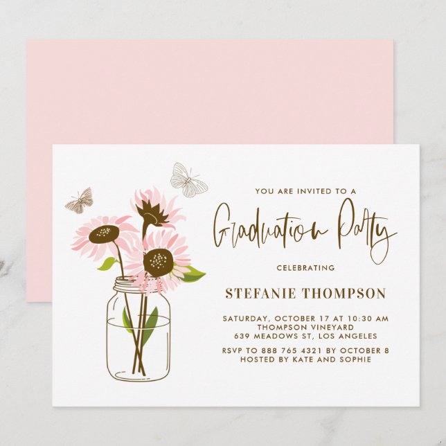 Invitación Mason Jar con fiesta de graduación de girasoles ro (Anverso / Reverso)