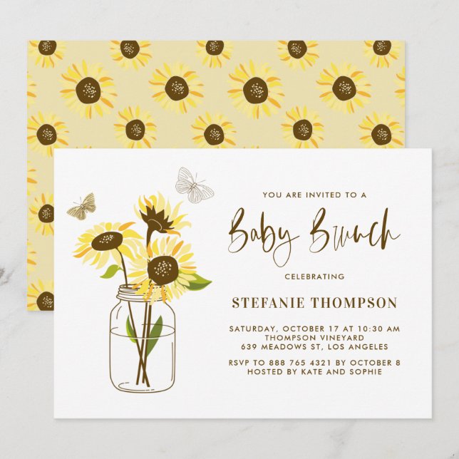 Invitación Mason Jar con girasoles amarillos Baby Brunch (Anverso / Reverso)