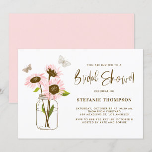 Invitación Mason Jar con girasoles rosados ducha de novia