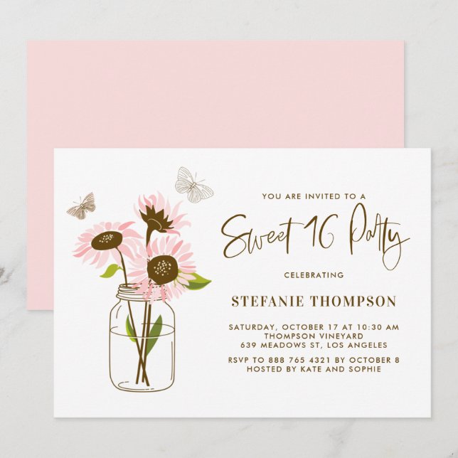 Invitación Mason Jar con girasoles rosados dulce 16 Fiesta (Anverso / Reverso)