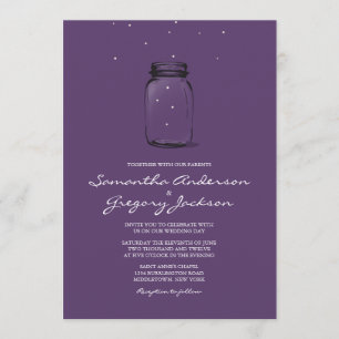 Invitación Mason Jar con luciérnagas invitan a la boda morada
