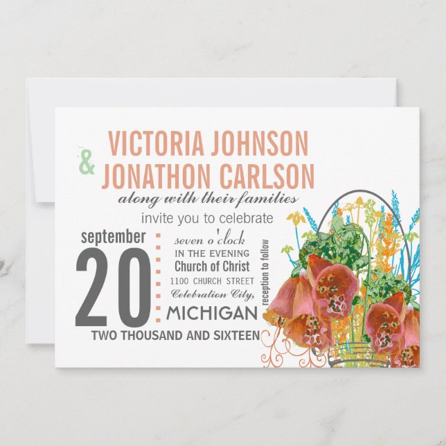 Invitación Mason Jar Coral y Mint Floral Boda (Anverso)