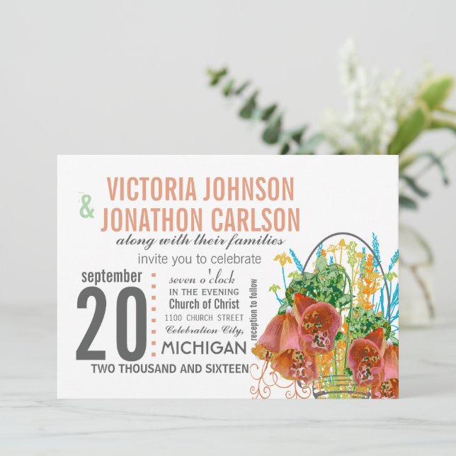 Invitación Mason Jar Coral y Mint Floral Boda (Anverso de pie)